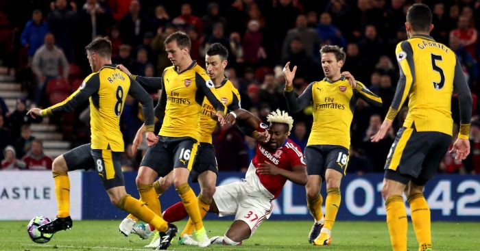 Middlesbrough's Adama Traore is blocked off by the Arsenal defence